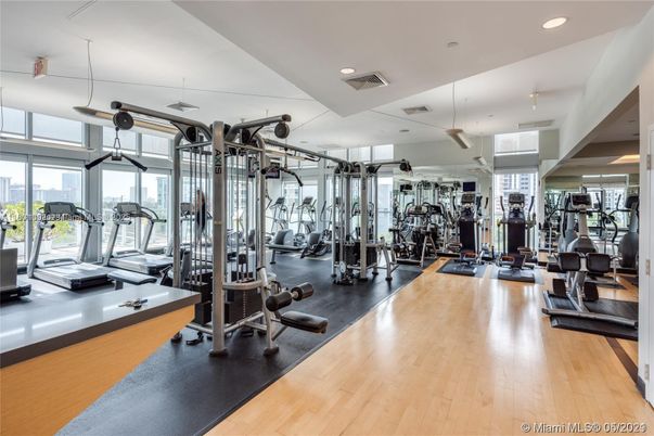 Fitness Equipment, Gym, Interior, Pendant Lights, Recessed Lighting, Wood Texture Flooring