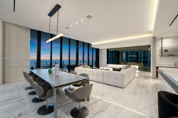 Dining room, Interior, Living room, Marble, Pendant Lights, Recessed Lighting