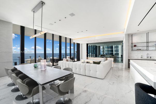 Dining room, Interior, Living room, Marble, Pendant Lights, Recessed Lighting, Water