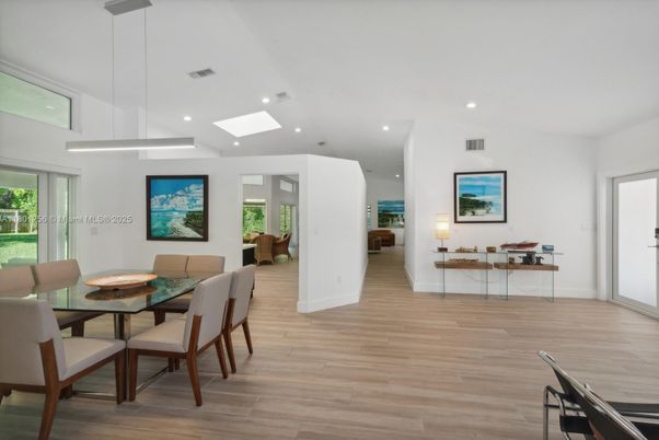 Dining room, Interior, Pendant Lights, Recessed Lighting, Wood Texture Flooring