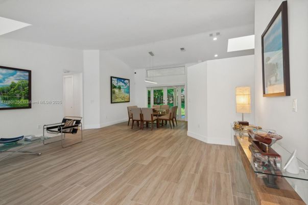 Dining room, Interior, Pendant Lights, Recessed Lighting, Wood Texture Flooring