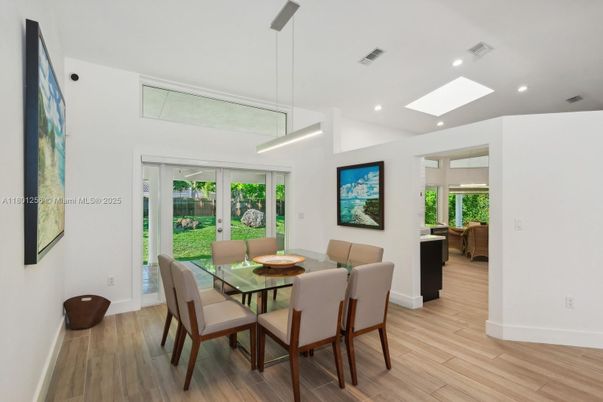 Dining room, Interior, Pendant Lights, Recessed Lighting, Wood Texture Flooring