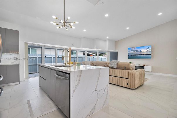 Interior, Kitchen, Marble, Pendant Lights, Recessed Lighting, Stainless Steel Appliances
