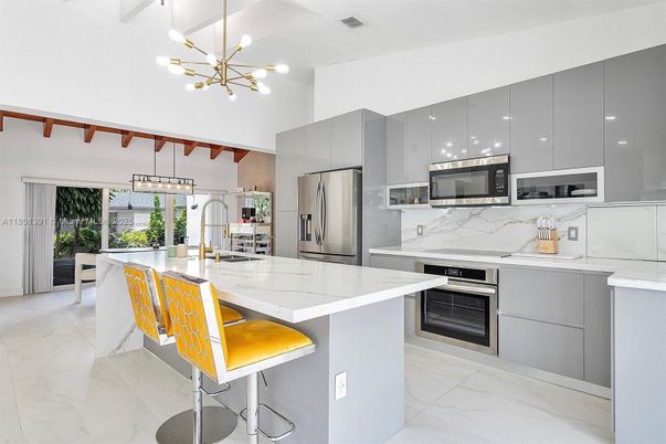 Interior, Kitchen, Marble, Pendant Lights, Stainless Steel Appliances