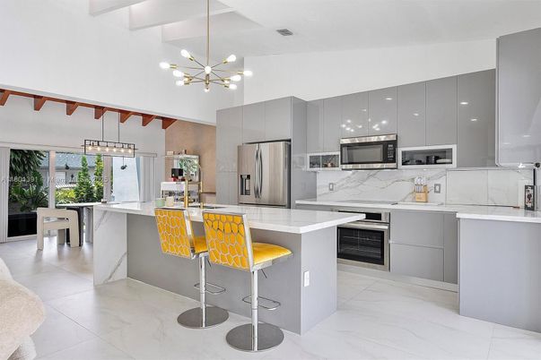 Interior, Kitchen, Marble, Pendant Lights, Stainless Steel Appliances