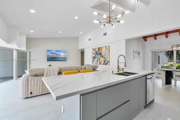 Dining room, Interior, Kitchen, Marble, Pendant Lights, Recessed Lighting, Stainless Steel Appliances, Wooden Beams