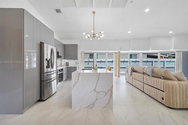 Interior, Kitchen, Marble, Pendant Lights, Recessed Lighting, Stainless Steel Appliances