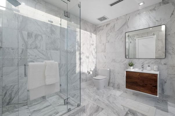 Bathroom, Glass Shower, Interior, Marble, Marble Walls, Recessed Lighting