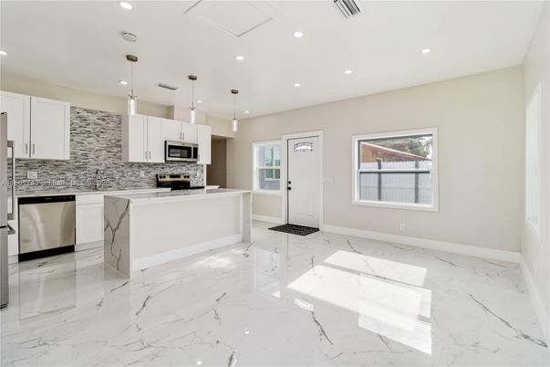 Interior, Kitchen, Marble, Pendant Lights, Recessed Lighting, Stainless Steel Appliances