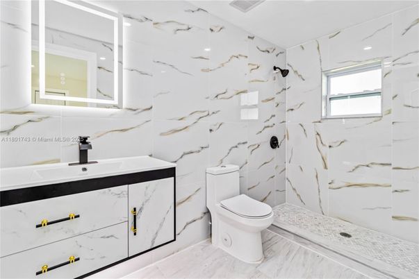 Bathroom, Interior, Marble, Marble Walls, Recessed Lighting, Wood Texture Flooring