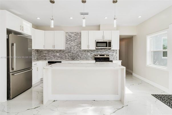 Interior, Kitchen, Marble, Pendant Lights, Recessed Lighting, Stainless Steel Appliances