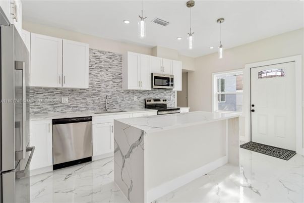 Interior, Kitchen, Marble, Pendant Lights, Recessed Lighting, Stainless Steel Appliances