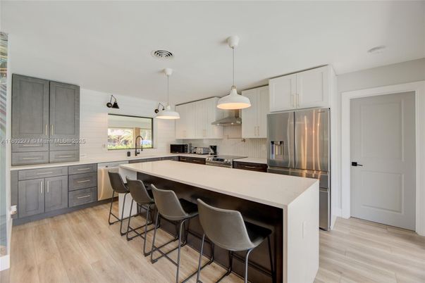 Interior, Kitchen, Pendant Lights, Stainless Steel Appliances, Wood Texture Flooring