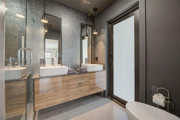 Bathroom, Dual Sink Vanities, Glass Shower, Interior, Pendant Lights, Recessed Lighting