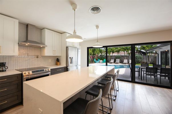 Interior, Kitchen, Pendant Lights, Stainless Steel Appliances, Wood Texture Flooring