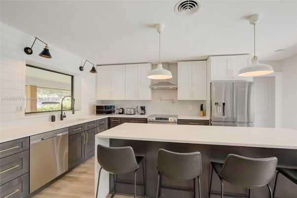 Interior, Kitchen, Pendant Lights, Stainless Steel Appliances, Wood Texture Flooring
