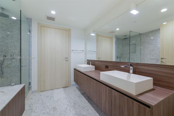 Bathroom, Dual Sink Vanities, Glass Shower, Interior, Marble, Recessed Lighting