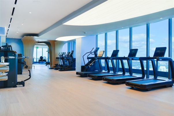 Fitness Equipment, Gym, Interior, Recessed Lighting, Wood Texture Flooring