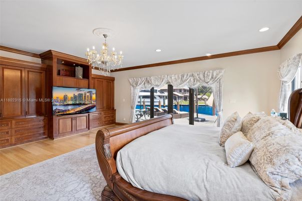 Bedroom, Chandelier, Interior, Recessed Lighting, Wood Texture Flooring