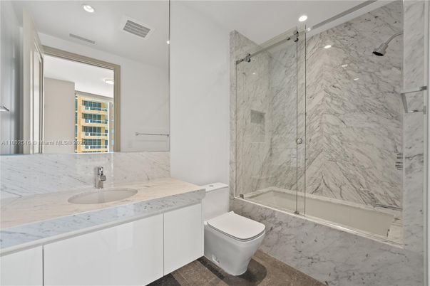 Bathroom, Glass Shower, Interior, Marble Walls, Recessed Lighting