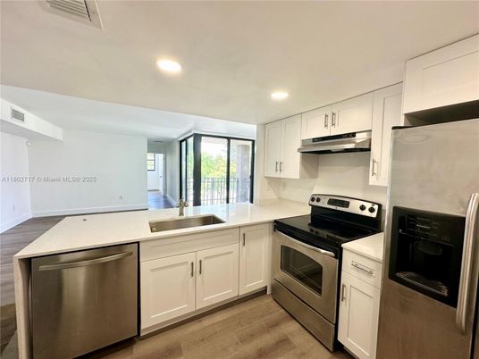 Interior, Kitchen, Recessed Lighting, Stainless Steel Appliances, Wood Texture Flooring