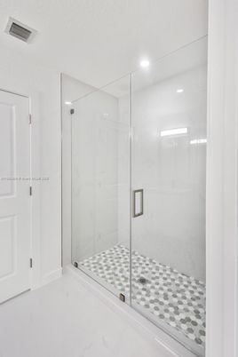 Bathroom, Glass Shower, Interior, Marble Walls, Recessed Lighting