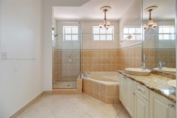 Bathroom, Chandelier, Dual Sink Vanities, Glass Shower, Interior