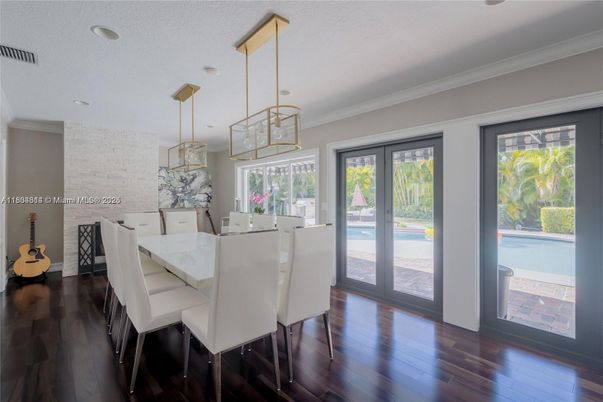 Dining room, Interior, Pendant Lights, Stone Walls, Wood Texture Flooring