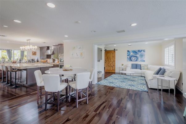 Chandelier, Dining room, Interior, Kitchen, Living room, Pendant Lights, Recessed Lighting, Wood Texture Flooring
