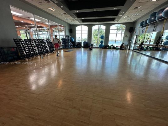 Fitness Equipment, Gym, Interior, Recessed Lighting, Wood Texture Flooring