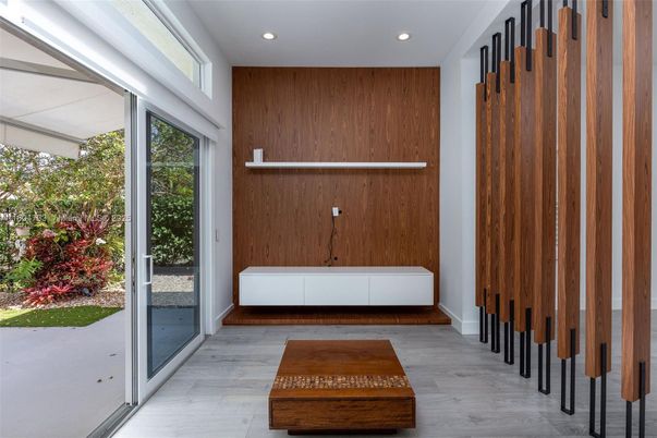 Interior, Recessed Lighting, Wood Texture Flooring, Wooden Walls