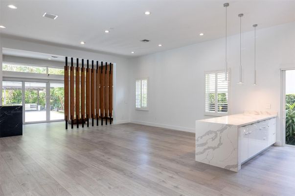 Empty room, Interior, Kitchen, Pendant Lights, Recessed Lighting, Wood Texture Flooring