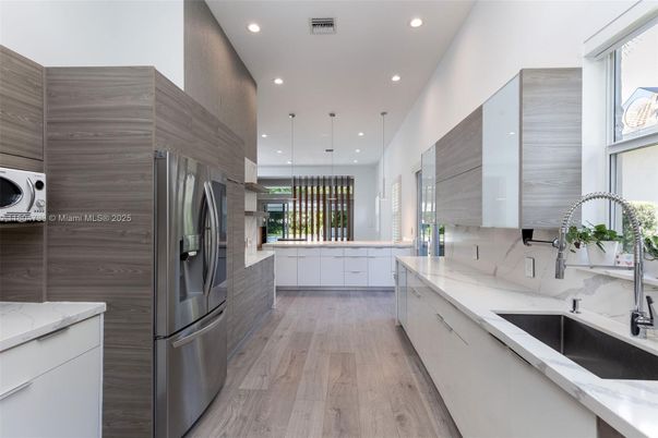 Interior, Kitchen, Pendant Lights, Recessed Lighting, Stainless Steel Appliances, Wood Texture Flooring