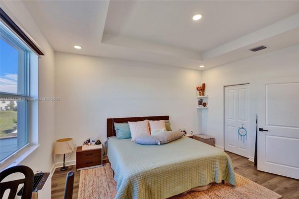 Bedroom, Interior, Recessed Lighting, Wood Texture Flooring