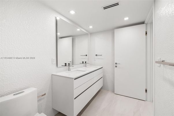 Bathroom, Dual Sink Vanities, Interior, Marble, Recessed Lighting
