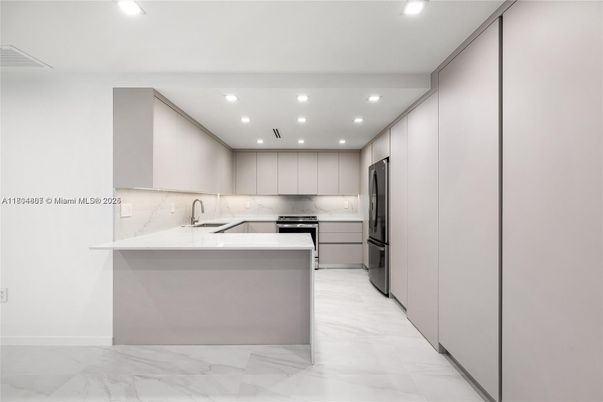 Interior, Kitchen, Marble, Recessed Lighting, Stainless Steel Appliances