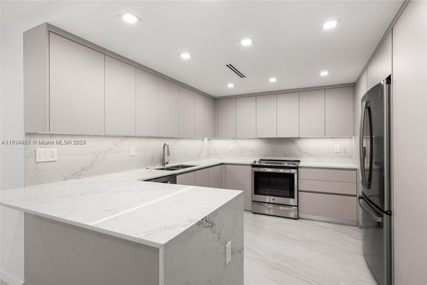 Interior, Kitchen, Marble, Recessed Lighting, Stainless Steel Appliances