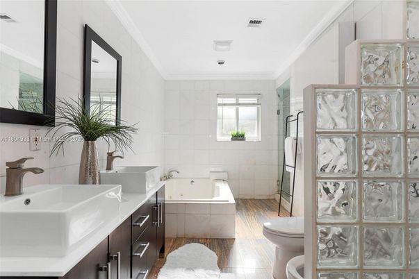 Bathroom, Glass Shower, Interior, Wood Texture Flooring
