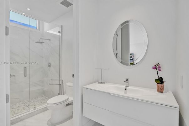 Bathroom, Glass Shower, Interior, Marble Walls, Recessed Lighting