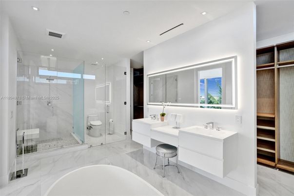 Bathroom, Dual Sink Vanities, Glass Shower, Interior, Marble, Recessed Lighting