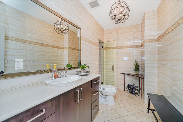 Bathroom, Chandelier, Glass Shower, Interior