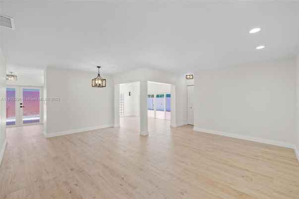 Empty room, Interior, Pendant Lights, Recessed Lighting, Wood Texture Flooring