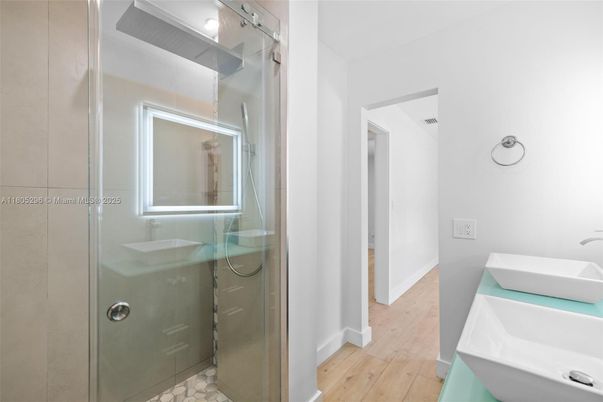 Bathroom, Glass Shower, Interior, Wood Texture Flooring
