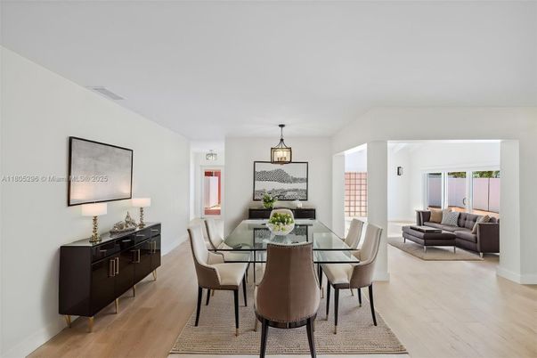 Dining room, Interior, Living room, Pendant Lights, Wood Texture Flooring
