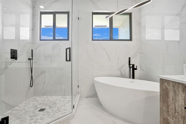 Bathroom, Free Standing Baths, Glass Shower, Interior, Marble, Marble Walls