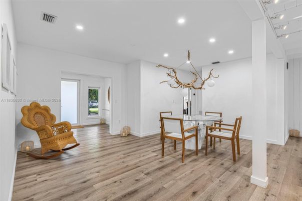 Dining room, Interior, Recessed Lighting, Wood Texture Flooring