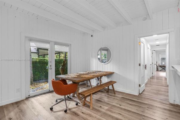Dining room, Interior, Recessed Lighting, Wood Texture Flooring