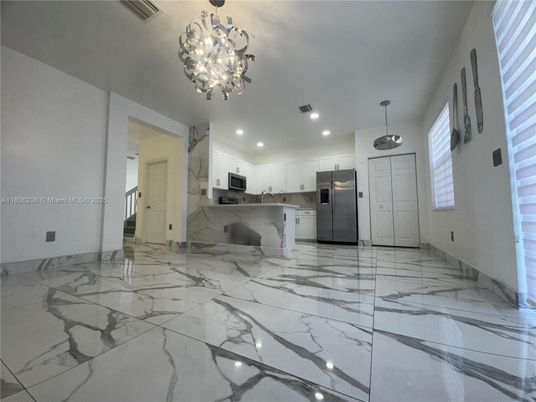 Interior, Kitchen, Marble, Pendant Lights, Recessed Lighting, Stainless Steel Appliances