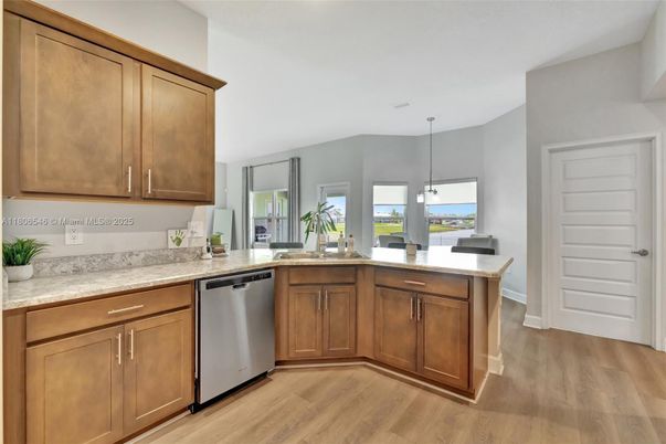 Interior, Kitchen, Pendant Lights, Water, Wood Texture Flooring