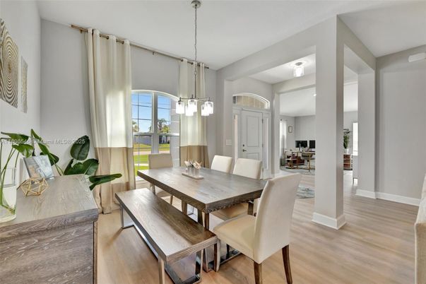 Dining room, Interior, Pendant Lights, Wood Texture Flooring